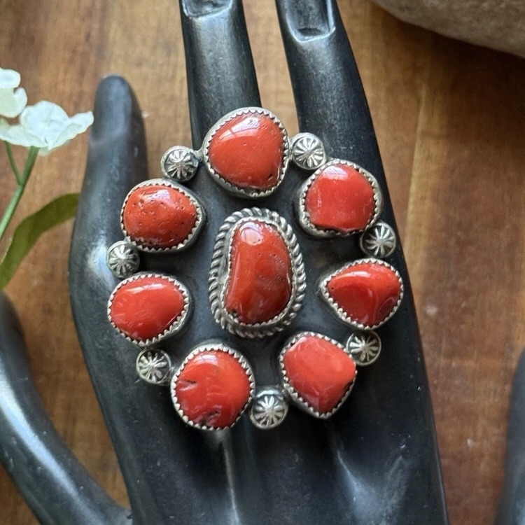 Navajo Native American Sterling Silver Red Coral Cluster Adjustable Ring. T Jon